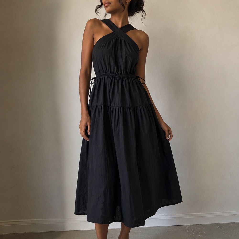 Madewell Poplin Halter Tiered Midi Dress Black Size 4 Summer Vacation Minimalist